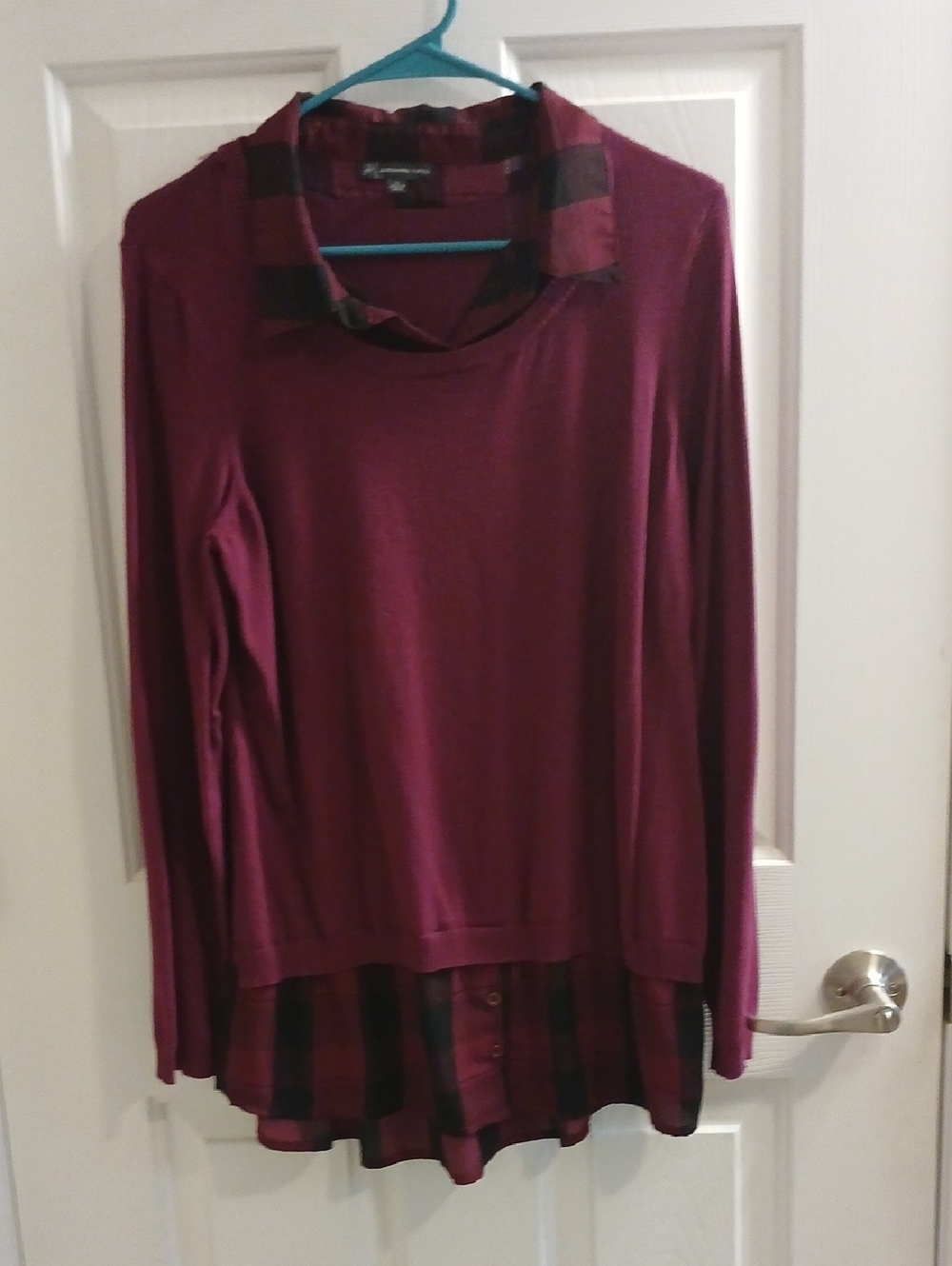 Adrianna Papell Burgundy Plaid Trim Pullover